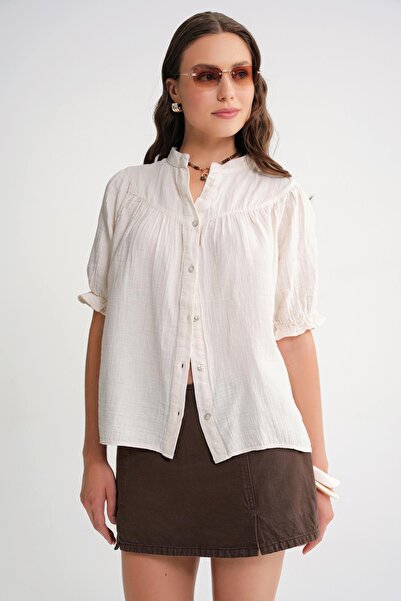 Mixray 4725 Women's Gathered Sleeve Ruffled Muslin Shirt Natural
