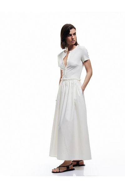 Koton Short Sleeve Crew Neck Button Pocket Midi Length Flared Poplin Dress