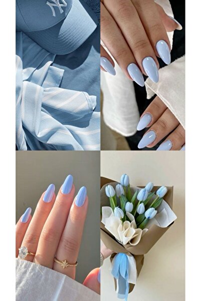 PİRAYE AKSESUAR 10'lu Bebe Mavisi Kalıcı Oje Boyalı Badem Model Takma Tırnak ...