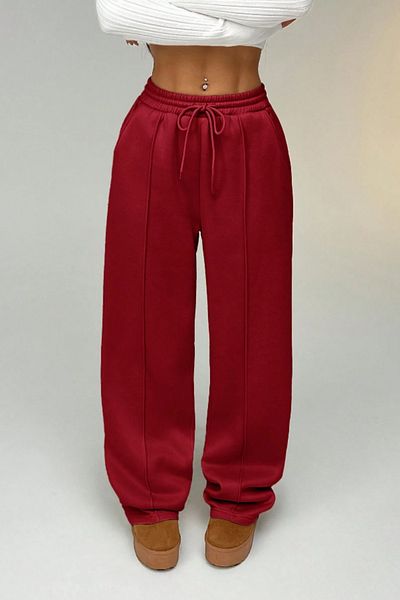 COOL TARZ Women's Red Ribbed 2 Thread Wide Leg Sweatpants