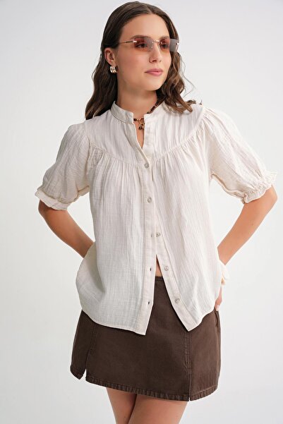 Mixray 4725 Women's Gathered Sleeve Ruffled Muslin Shirt Natural