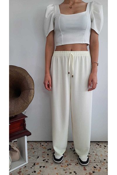 ŞIK VE MUTLU Muslin Linen Loose Cut High Waist Women's Trousers
