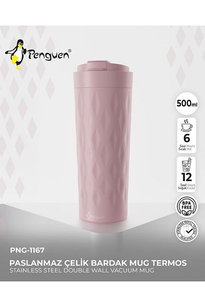 Penguen Png-1167 500ml Flip Lid Patterned Steel Mug |   6 Hours Hot 12 Hours Cold |   Leak Proof & Bpa Free