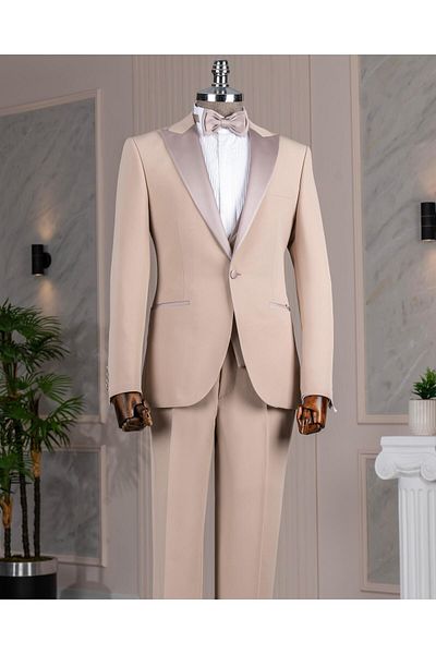 TerziAdemAltun Italian Style Slim Fit Jacket Vest Pants Groom Suit Set Beige T14463
