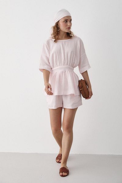 My Blog Pink 100% Cotton Back Bow Blouse Shorts Set - 30385