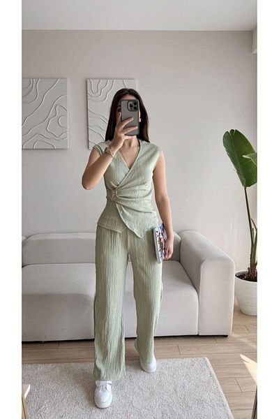 aytenli Double Breasted Collar Side Buckle Top Size Lace up Pocket Palazzo Trousers Wrinkle Suit