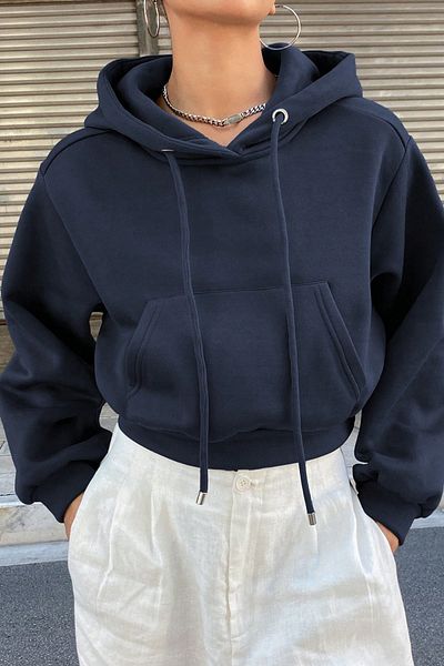 Tarz Cool Women's Navy Blue Basic Crop Cut Hooded Sweatshirt