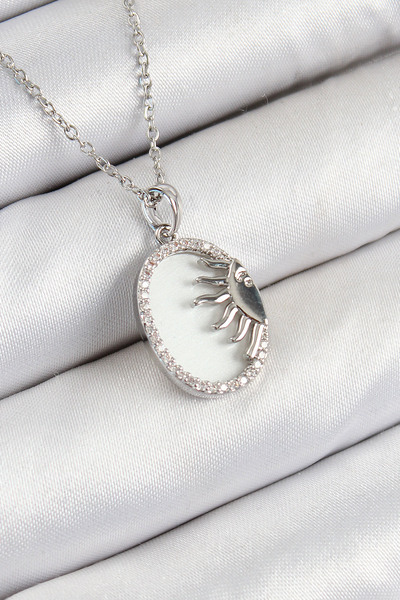 Skygo قلادة نسائية من الفولاذ 316L مرصعة بحجر الزركون نصف الشمس باللون الفضي ...