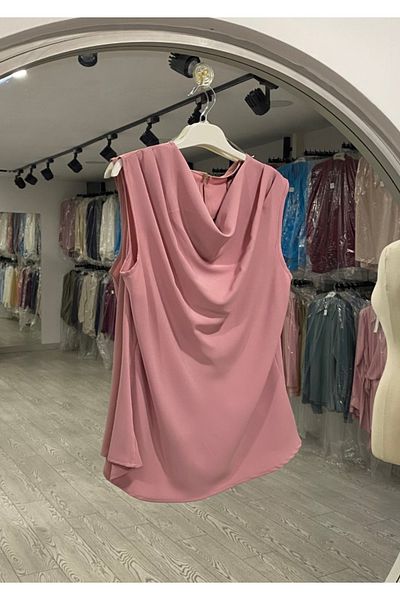 PERA MODA Flowy Degaje Collar No Show Short Zero Sleeve Blouse Shirt
