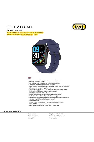 Trevi Smartwatch metal TF200 IP67 microphone and speaker call function full option health sport blue