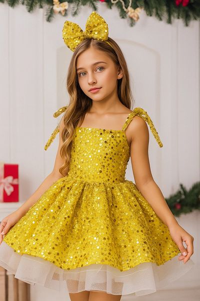 Nissa Golden Yellow Sequined Girl's Evening Dress