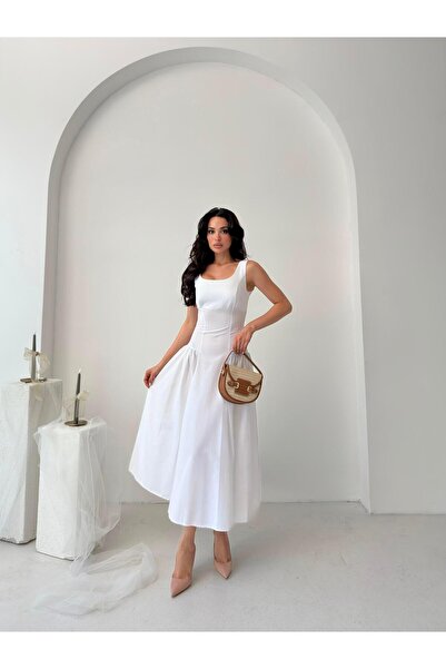 Serica Moda Beyaz Kare Yaka Gipeli Midi Elbise