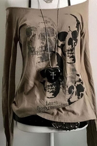 BALİNA Μπεζ Gothic Skulls Strap Y2K Μακρυμάνικο Crop -BLN