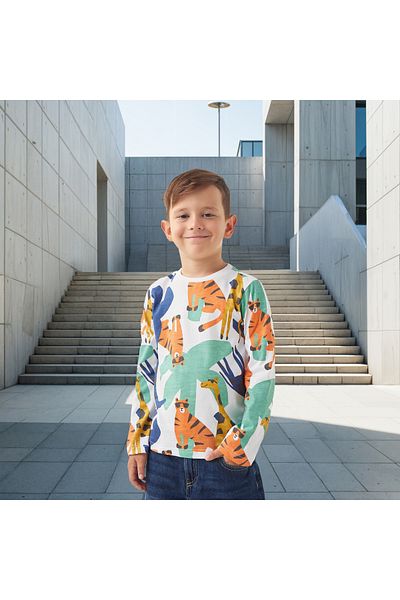 Juniors All-Over Animal Print Crew Neck T-shirt with Long Sleeves