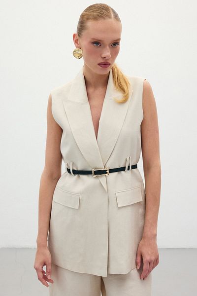 Sateen Belted Linen Vest - Stone