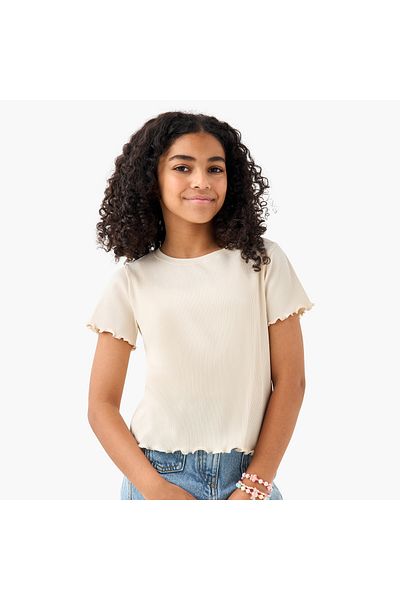 Juniors Ribbed T-shirt with Lettuce Hem and Short Sleeves