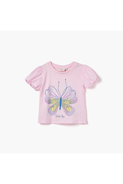 Juniors Butterfly Print T-shirt with Puff Sleeves
