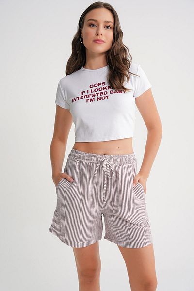 Mixray 4728 Women's Elastic Waist Striped Muslin Shorts Claret Red