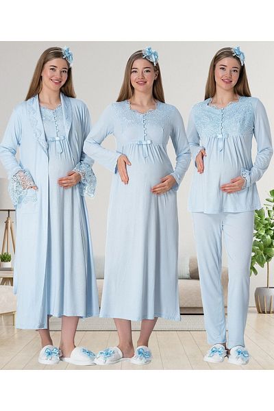 Mecit Pijama Women's Four Piece Long Sleeve Maternity Maternity Set 80% Cotton, 20% Viscose