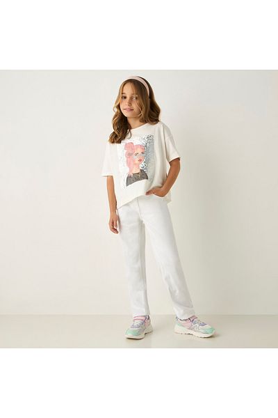 Juniors Graphic Print T-shirt with Short Sleeves