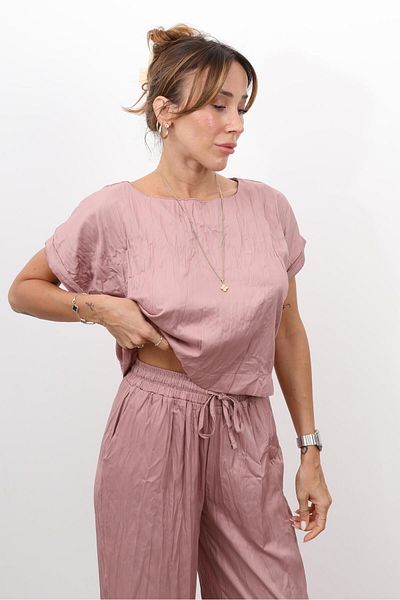 Maldia Shop Women's Crush Fabric Blouse Pants Dusty Rose Suit