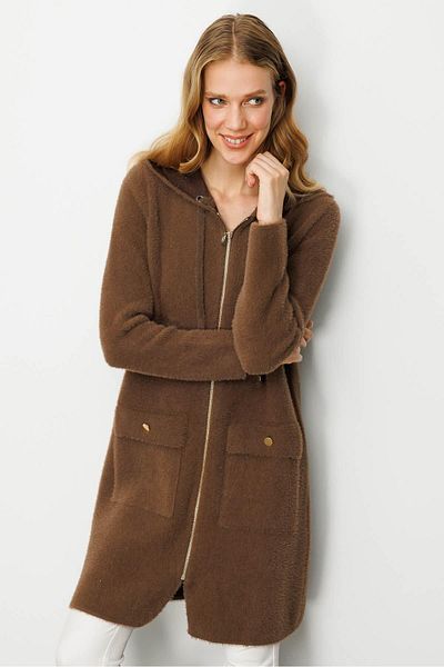 Desen Triko Women's Hooded Pocket Metal Button Aphrodite Knitwear Coat Brown
