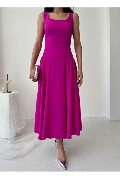 Serica Moda Fuşya Kare Yaka Gipeli Midi Elbise