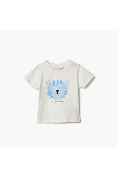 Juniors Animal Print Crew Neck T-shirt with Short Sleeves and Button Closure