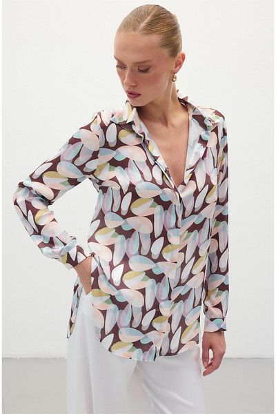Sateen Patterned Long Shirt - Brown