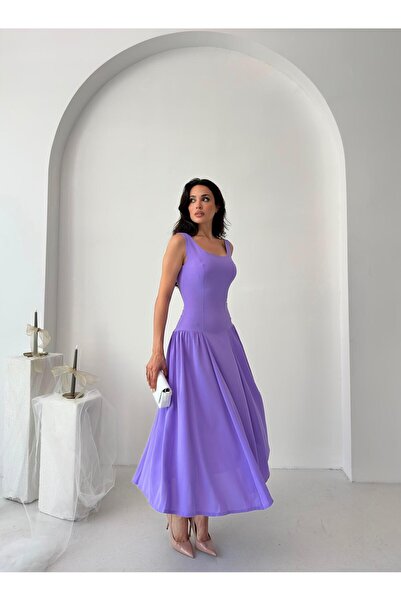 Serica Moda Lila Kare Yaka Gipeli Midi Elbise