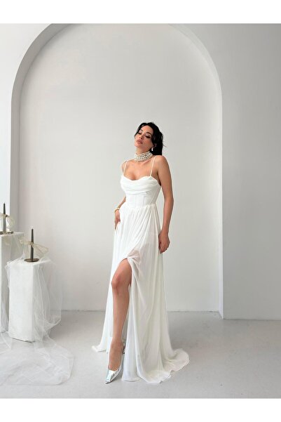 Serica Moda Βραδινό φόρεμα από τούλι σιφόν με λουράκια από λευκό σχοινί