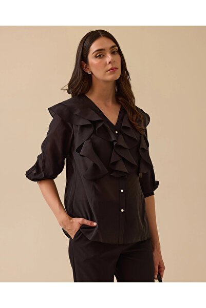 SEÇİL V Yaka Fırfır Detaylı Düğmeli Gömlek