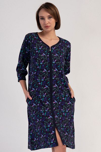 VİENETTA Cotton Women's Plus Size 3/4 Sleeve Zipper Home Dress , 408223