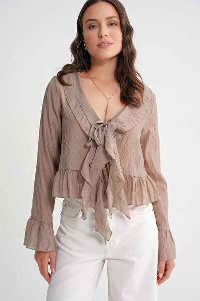 Mixray 4727 Women's Ruffled Collar Blouse Mink