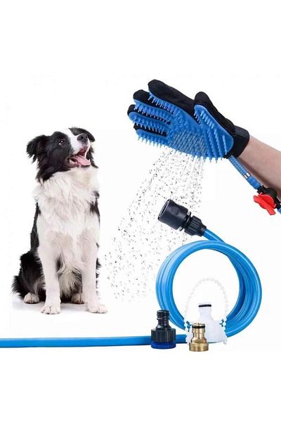 Dexia Glove set with hose for washing and massaging animals – 8 jets, 2.7 m, blue