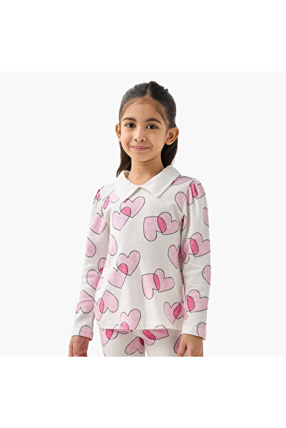 Juniors تي شيرت بولو بطبعة قلب وأكمام طويلة
