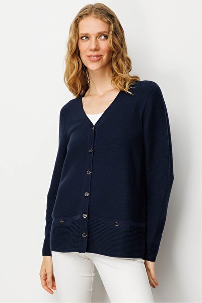 Desen Triko Women's V-Neck Buttoned Cardigan K.Navy Blue