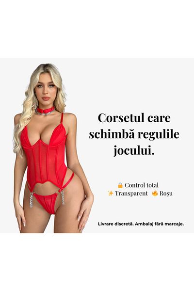 OBRO Sexy Lingerie Set - Transparent Corset with Choker, Metal Chains and Adjustable Back, Red