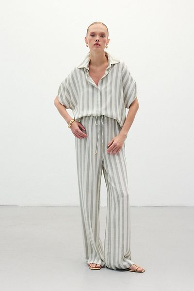 Sateen Striped Linen Blend Trousers - Khaki