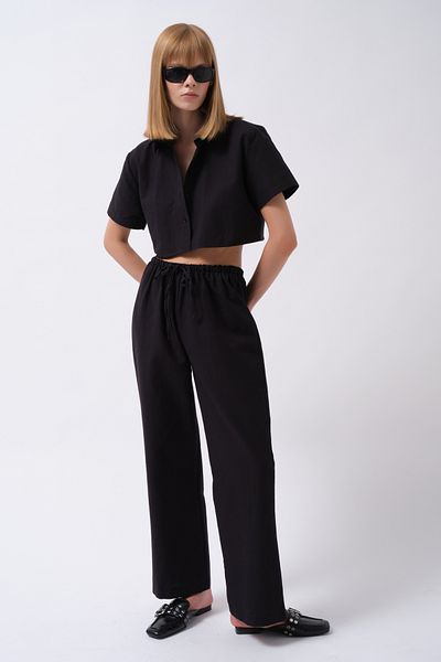 Black Fashion Black Striped Trousers with Lace-Up Waist