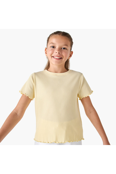 Juniors تي شيرت مضلع برقبة دائرية وحاشية خس