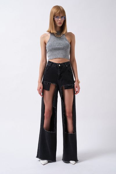 Black Fashion Jean negru cu talie înaltă tăiată cu laser