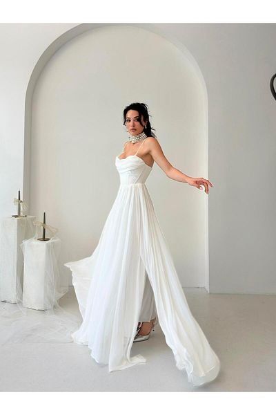 Serica Moda White Strap Slit Chiffon Tulle Evening Dress