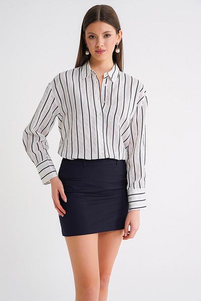 Mixray 4654 Women's Robe Thin Striped Basic Shirt Navy Blue