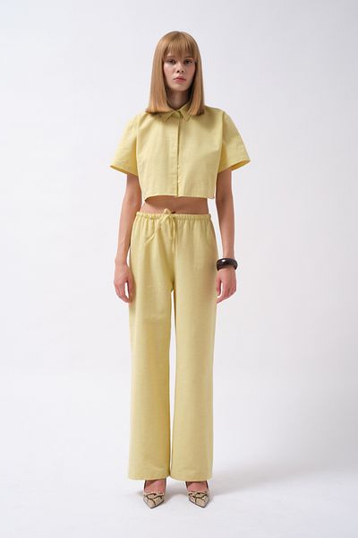 Black Fashion Linen Yellow Trousers with Tie-Up Waist