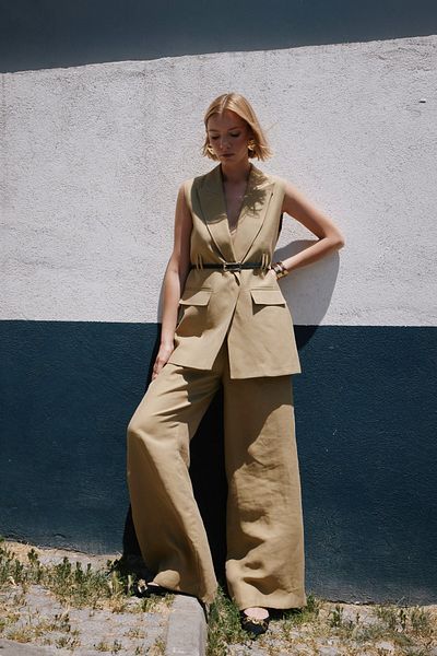 Sateen Belted Linen Vest - Khaki