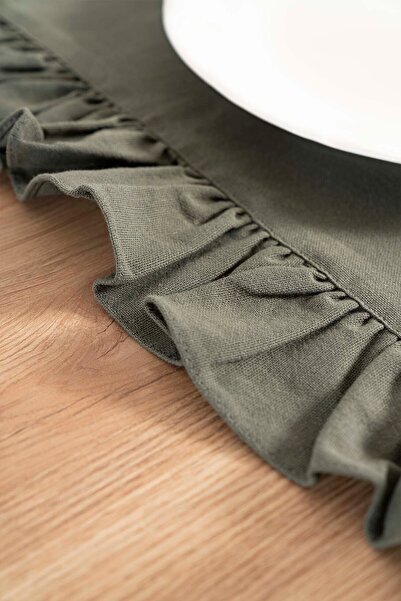 Rivaİstanbul Ruffle Khaki Frilly 100% Cotton Raw Linen Runner 50X130 cm