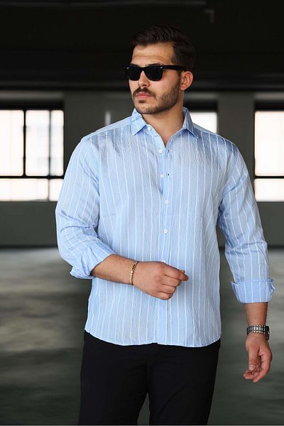 Valiberta Scorsese Striped Relaxed Fit Men's Shirt - Ice Blue