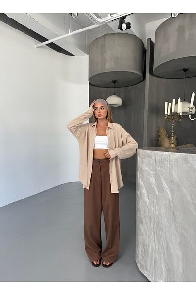 COMBİNE MİCHAİL Women's Beige Oversize Linen Ayrobin Shirt