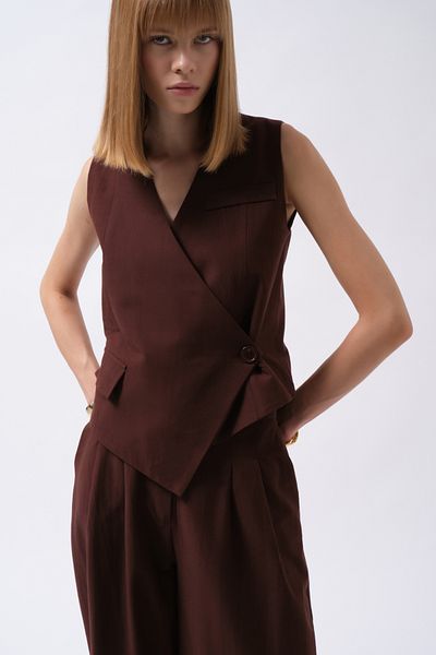 Black Fashion Side Button Asymmetrical Linen Brown Vest